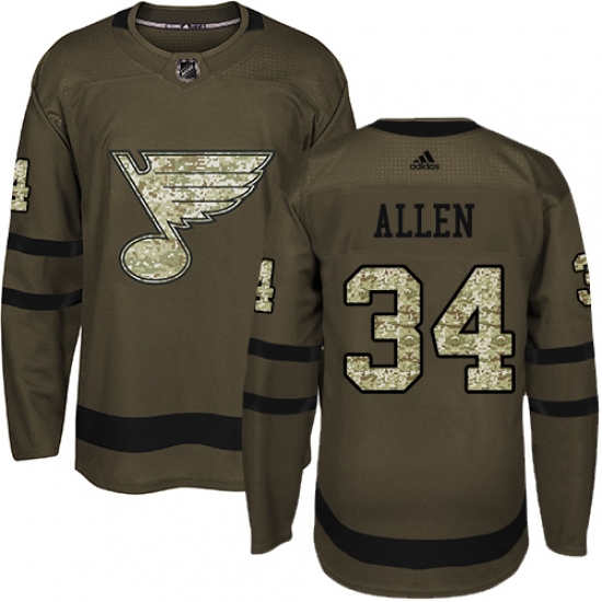 Men's Adidas St. Louis Blues 34 Jake Allen Premier Green Salute to Service NHL Jersey