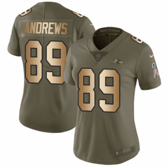 Women's Nike Baltimore Ravens 89 Mark Andrews Limited Olive/Gold Salute to Service NFL Jersey