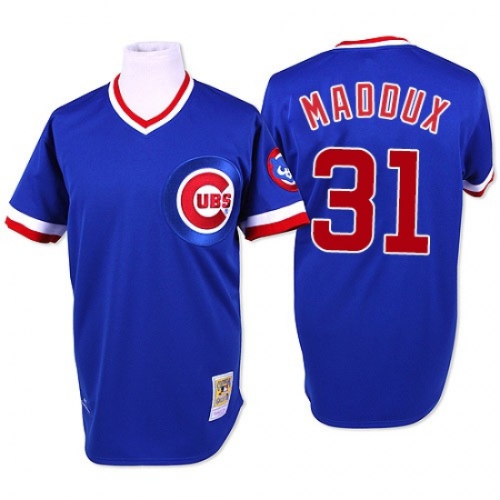 Men's Mitchell and Ness Chicago Cubs 31 Greg Maddux Authentic Blue Throwback MLB Jersey