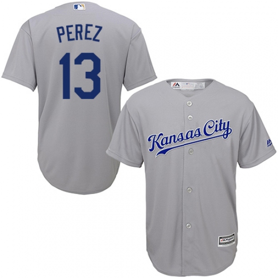 Youth Majestic Kansas City Royals 13 Salvador Perez Authentic Grey Road Cool Base MLB Jersey