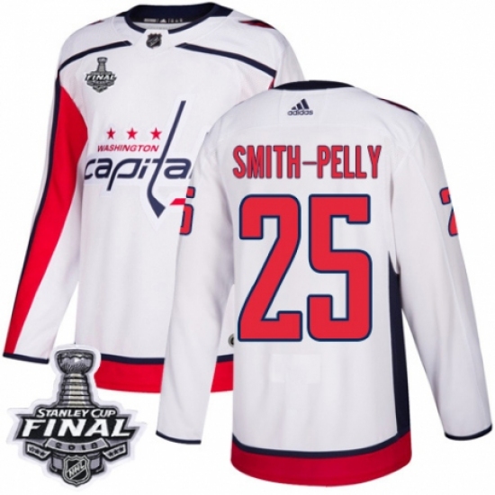 Youth Adidas Washington Capitals 25 Devante Smith-Pelly Authentic White Away 2018 Stanley Cup Final NHL Jersey