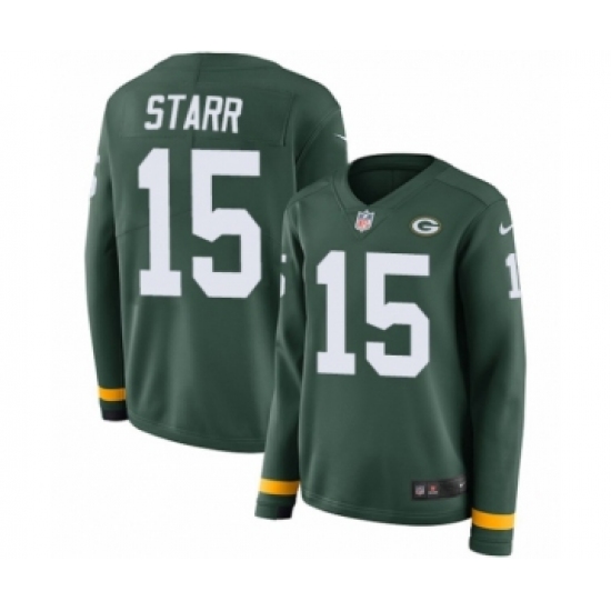 Women's Nike Green Bay Packers 15 Bart Starr Limited Green Therma Long Sleeve NFL Jersey