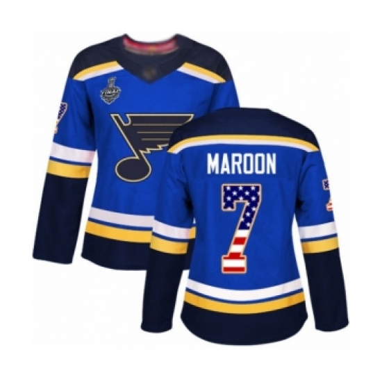 Women's St. Louis Blues 7 Patrick Maroon Authentic Blue USA Flag Fashion 2019 Stanley Cup Final Bound Hockey Jersey