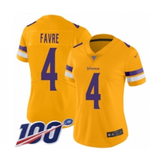 Women's Minnesota Vikings 4 Brett Favre Limited Gold Inverted Legend 100th Season Football Jersey