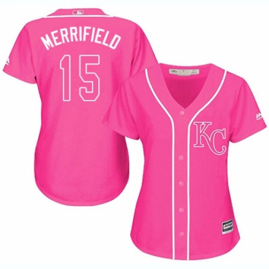 Women's Majestic Kansas City Royals 15 Whit Merrifield Authentic Pink Fashion Cool Base MLB Jersey