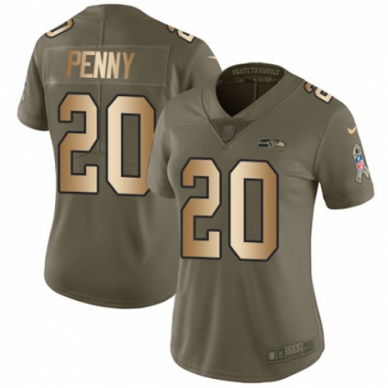 Women's Nike Seattle Seahawks 20 Rashaad Penny Limited Olive Gold 2017 Salute to Service NFL Jersey