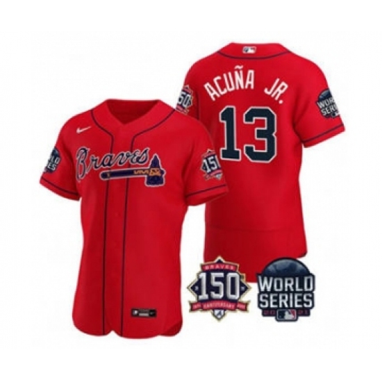 Men's Atlanta Braves 13 Ronald Acuna Jr. 2021 Red World Series Flex Base With 150th Anniversary Patch Baseball Jersey