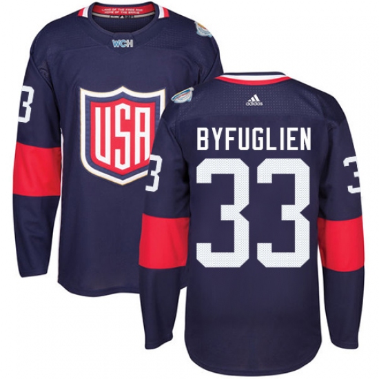 Men's Adidas Team USA 33 Dustin Byfuglien Authentic Navy Blue Away 2016 World Cup Ice Hockey Jersey