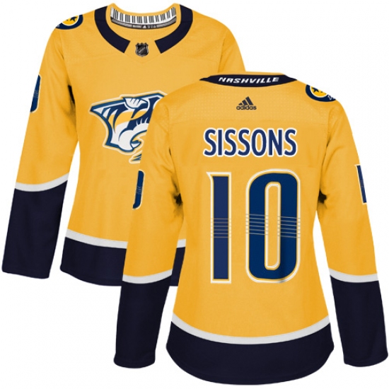 Women's Adidas Nashville Predators 10 Colton Sissons Authentic Gold Home NHL Jersey