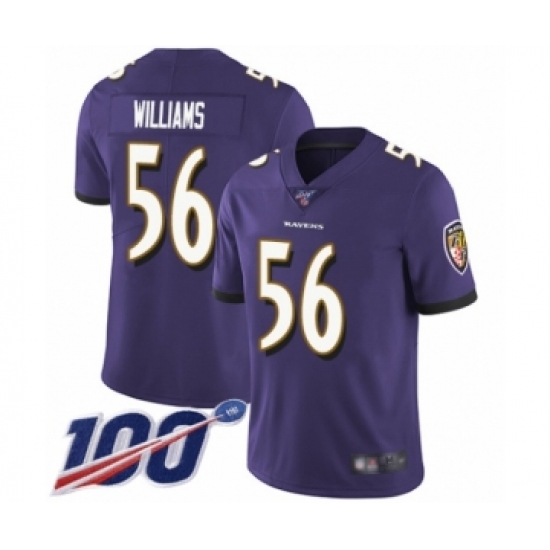 Men's Baltimore Ravens 56 Tim Williams Purple Team Color Vapor Untouchable Limited Player 100th Season Football Jersey
