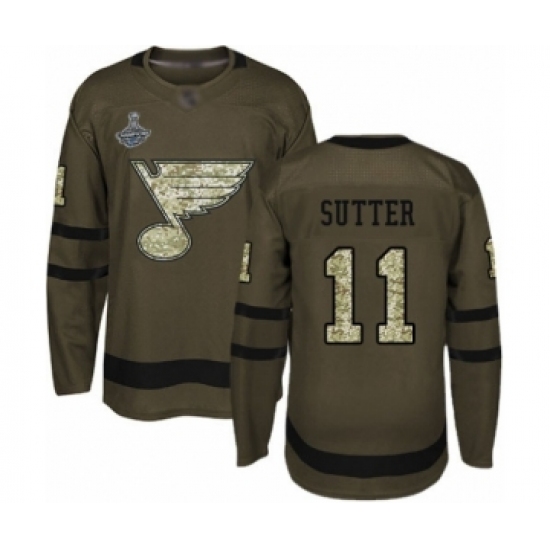 Youth St. Louis Blues 11 Brian Sutter Authentic Green Salute to Service 2019 Stanley Cup Champions Hockey Jersey