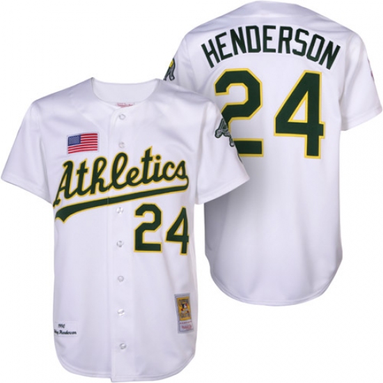 Men's Mitchell and Ness Oakland Athletics 24 Rickey Henderson Authentic White 1990 Throwback MLB Jersey