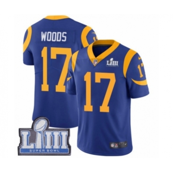 Youth Nike Los Angeles Rams 17 Robert Woods Royal Blue Alternate Vapor Untouchable Limited Player Super Bowl LIII Bound NFL Jersey