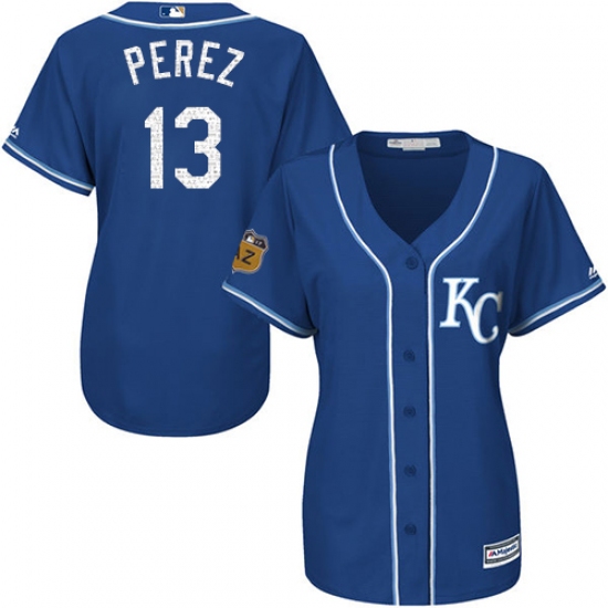 Women's Majestic Kansas City Royals 13 Salvador Perez Authentic Royal Blue 2017 Spring Training Cool Base MLB Jersey