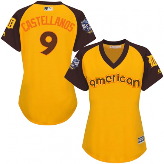 Women's Majestic Detroit Tigers 9 Nick Castellanos Authentic Yellow 2016 All-Star American League BP Cool Base MLB Jersey