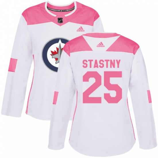 Women's Adidas Winnipeg Jets 25 Paul Stastny Authentic White Pink Fashion NHL Jersey