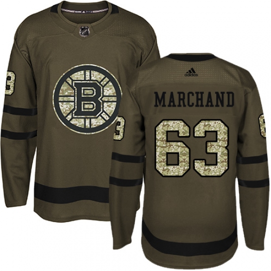 Youth Adidas Boston Bruins 63 Brad Marchand Authentic Green Salute to Service NHL Jersey