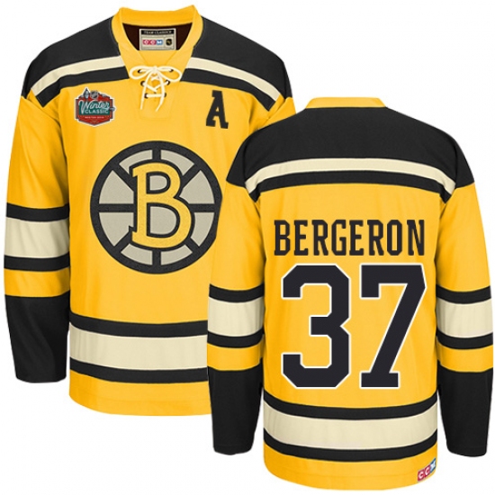 Men's CCM Boston Bruins 37 Patrice Bergeron Premier Gold Winter Classic Throwback NHL Jersey