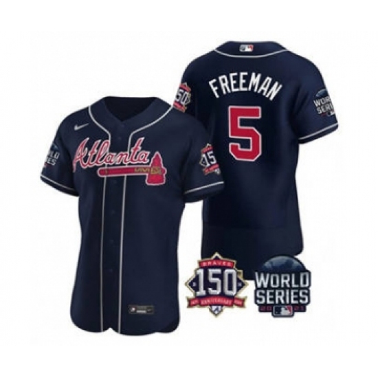 Men's Atlanta Braves 5 Freddie Freeman 2021 Navy World Series Flex Base With 150th Anniversary Patch Baseball Jersey