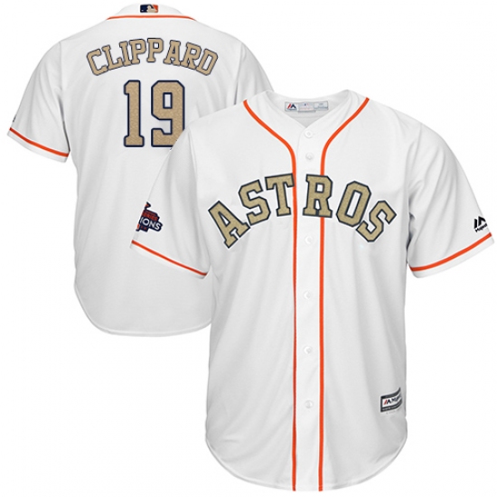 Men's Majestic Houston Astros 19 Tyler Clippard Replica White 2018 Gold Program Cool Base MLB Jersey