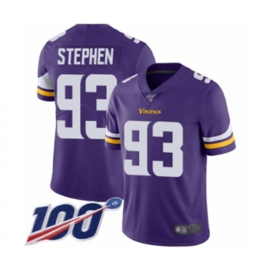 Youth Minnesota Vikings 93 Shamar Stephen Purple Team Color Vapor Untouchable Limited Player 100th Season Football Jersey