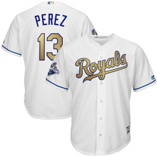 Youth Majestic Kansas City Royals 13 Salvador Perez Authentic White 2015 World Series Champions Gold Program Cool Base MLB Jersey