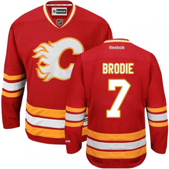 Men's Reebok Calgary Flames 7 TJ Brodie Authentic Red Third NHL Jersey