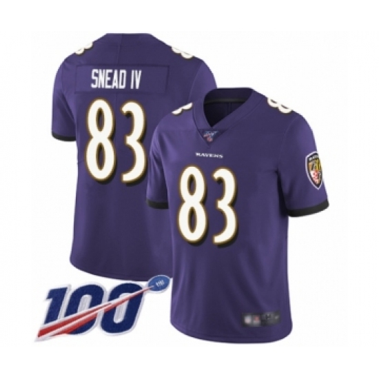 Men's Baltimore Ravens 83 Willie Snead IV Purple Team Color Vapor Untouchable Limited Player 100th Season Football Jersey