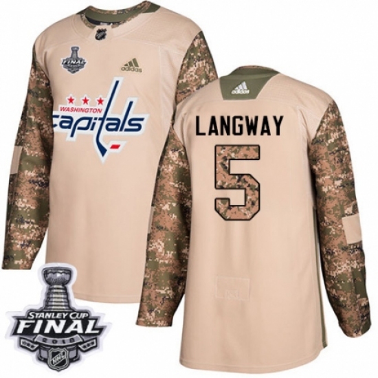 Men's Adidas Washington Capitals 5 Rod Langway Authentic Camo Veterans Day Practice 2018 Stanley Cup Final NHL Jersey