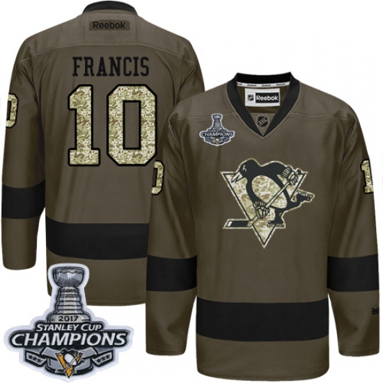 Men's Reebok Pittsburgh Penguins 10 Ron Francis Authentic Green Salute to Service 2017 Stanley Cup Champions NHL Jersey