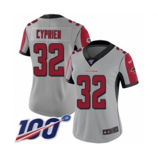 Women's Atlanta Falcons 32 Johnathan Cyprien Limited Silver Inverted Legend 100th Season Football Jersey