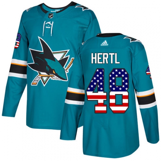 Men's Adidas San Jose Sharks 48 Tomas Hertl Authentic Teal Green USA Flag Fashion NHL Jersey