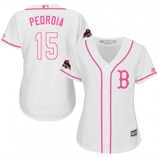 Women's Majestic Boston Red Sox 15 Dustin Pedroia Authentic White Fashion 2018 World Series Champions MLB Jersey