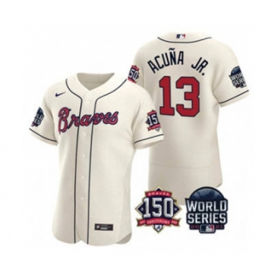 Men's Atlanta Braves 13 Ronald Acuna Jr. 2021 Cream World Series Flex Base With 150th Anniversary Patch Baseball Jersey