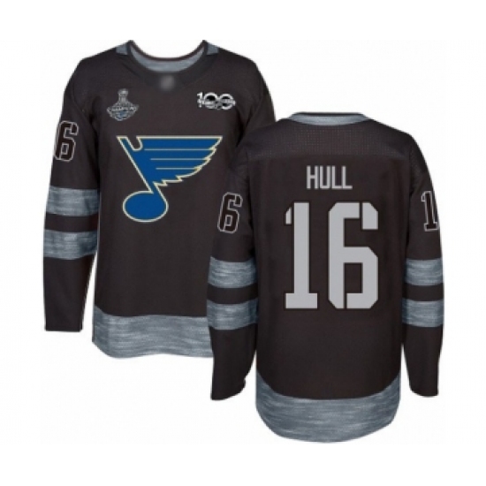 Men's St. Louis Blues 16 Brett Hull Authentic Black 1917-2017 100th Anniversary 2019 Stanley Cup Champions Hockey Jersey