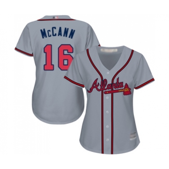 Women's Atlanta Braves 16 Brian McCann Replica Grey Road Cool Base Baseball Jersey