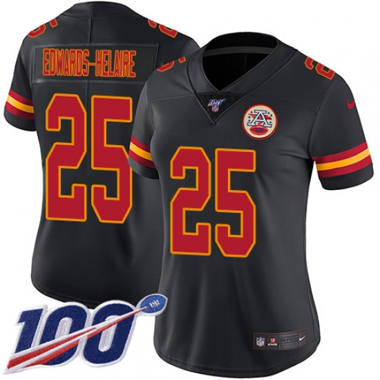 Women's Kansas City Chiefs 25 Clyde Edwards-Helaire Black Stitched Limited Rush 100th Season Jersey