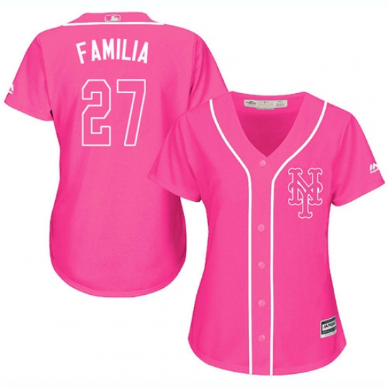 Women's Majestic New York Mets 27 Jeurys Familia Authentic Pink Fashion Cool Base MLB Jersey