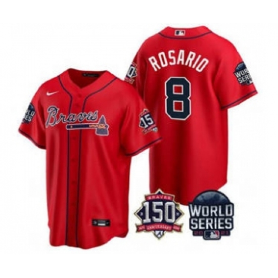 Men's Atlanta Braves 8 Eddie Rosario 2021 Red World Series With 150th Anniversary Patch Cool Base Stitched Jersey