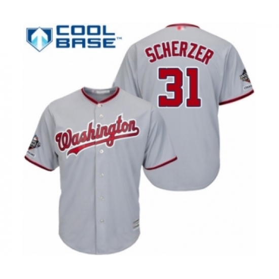 Youth Washington Nationals 31 Max Scherzer Authentic Grey Road Cool Base 2019 World Series Champions Baseball Jersey