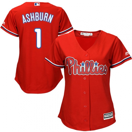 Women's Majestic Philadelphia Phillies 1 Richie Ashburn Replica Red Alternate Cool Base MLB Jersey