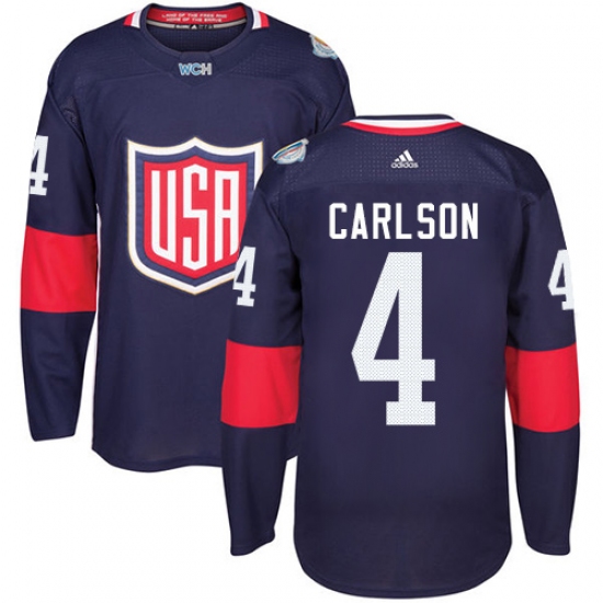 Youth Adidas Team USA 4 John Carlson Premier Navy Blue Away 2016 World Cup Ice Hockey Jersey