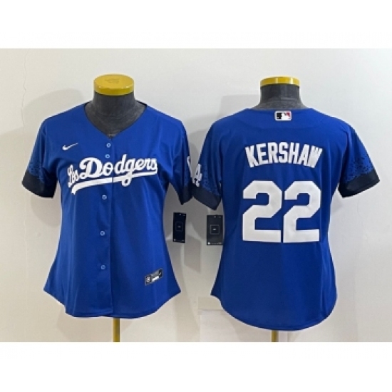 Women's Los Angeles Dodgers 22 Clayton Kershaw Blue 2021 City Connect Cool Base Stitched Jersey