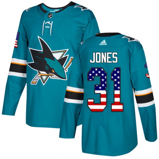 Men's Adidas San Jose Sharks 31 Martin Jones Authentic Teal Green USA Flag Fashion NHL Jersey