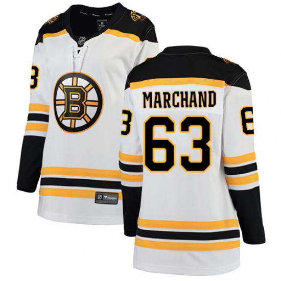 Women's Boston Bruins 63 Brad Marchand Authentic White Away Fanatics Branded Breakaway NHL Jersey