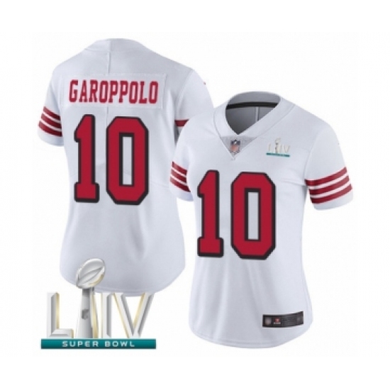 Women's San Francisco 49ers 10 Jimmy Garoppolo Limited White Rush Vapor Untouchable Super Bowl LIV Bound Football Jersey