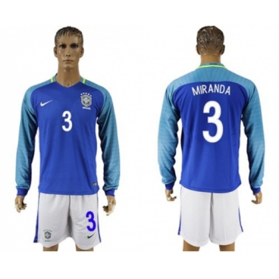 Brazil 3 Miranda Away Long Sleeves Soccer Country Jersey