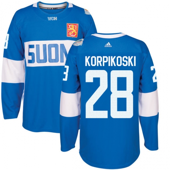 Men's Adidas Team Finland 28 Lauri Korpikoski Premier Blue Away 2016 World Cup of Hockey Jersey