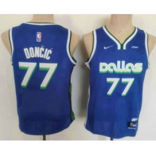 Youth Dallas Mavericks 77 Luka Doncic 2022 Blue City Edition Stitched Jersey With Sponsor