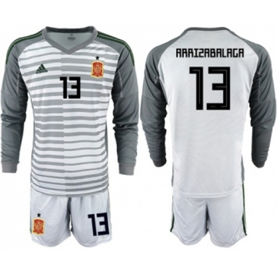 Spain 13 Arrizabalaga Grey Long Sleeves Goalkeeper Soccer Country Jersey